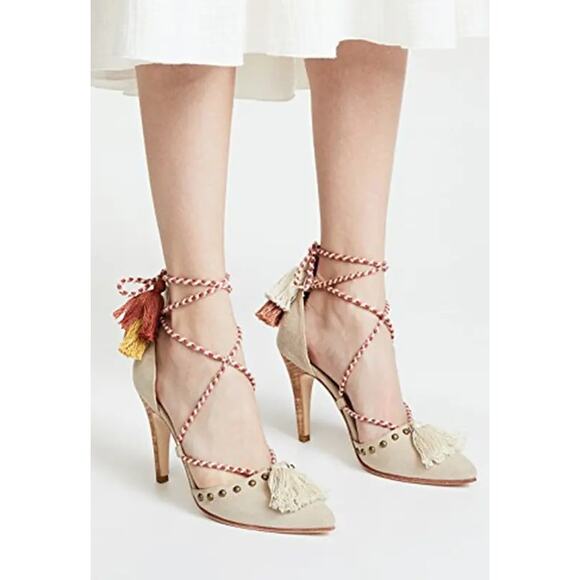 Ulla Johnson Suede Tassel D'Orsay Pumps - EU 40 US 10 Gray Brown Red Heels - Picture 1 of 11
